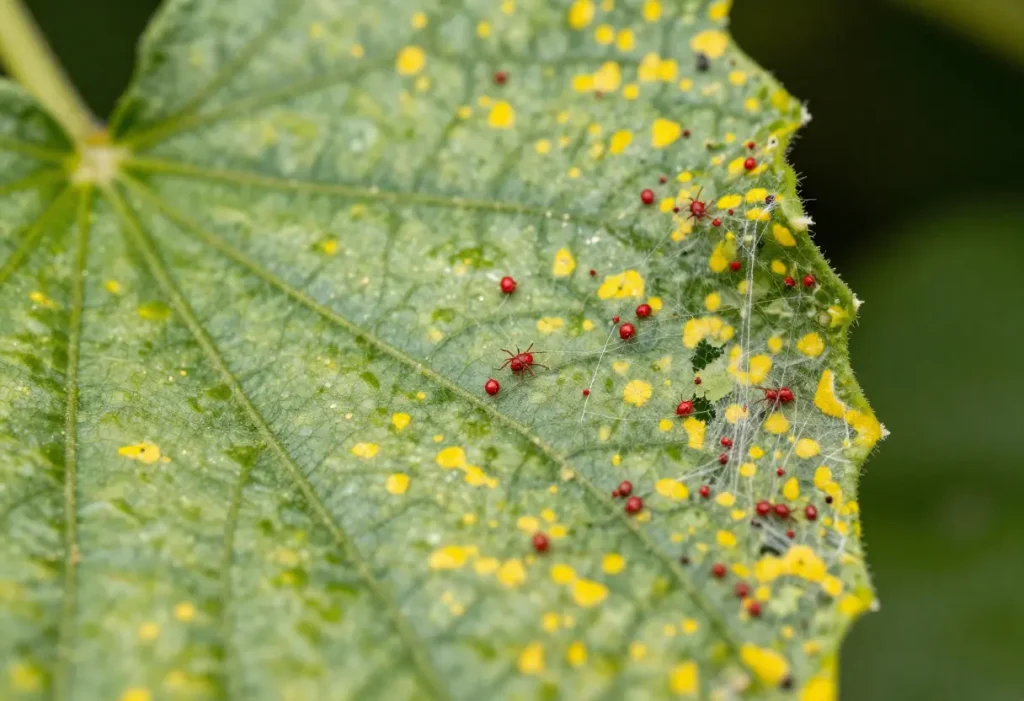 Infestation of Spider Mites on Cucumber Plants visible with webbing between stems and leaves.