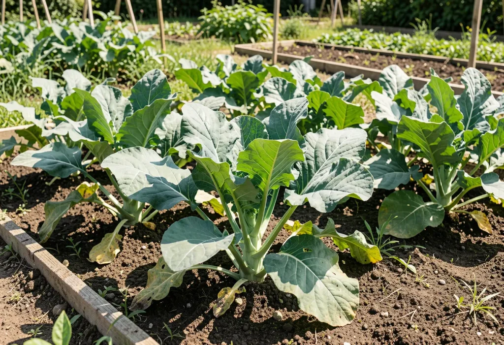 Stages of Broccoli Growing: Young broccoli seedlings sprouting in a garden bed.
