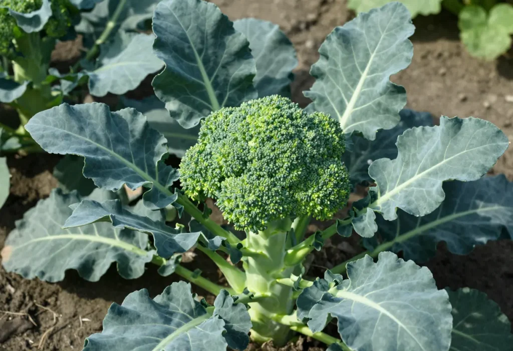 Stages of Broccoli Growing: Close-up of maturing broccoli heads ready to harvest.