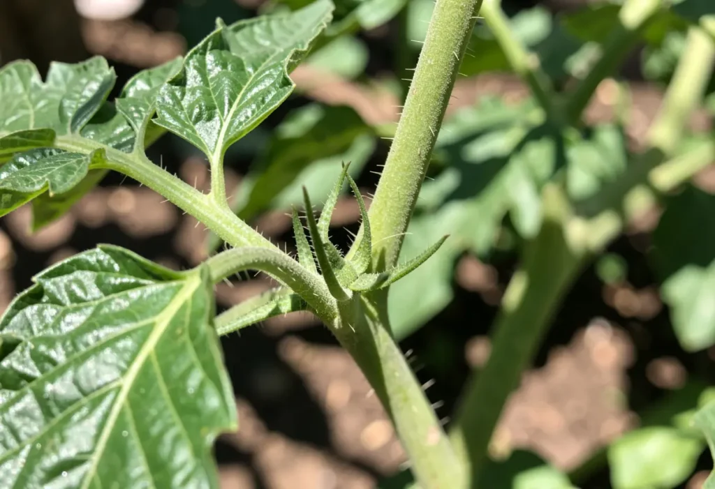 Suckers on Tomato Plants – small shoots forming at leaf nodes on healthy tomato plant
