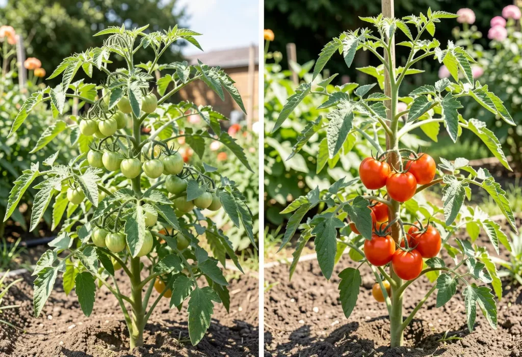 Suckers on Tomato Plants – close-up of tomato plant showing side shoots growing between stems