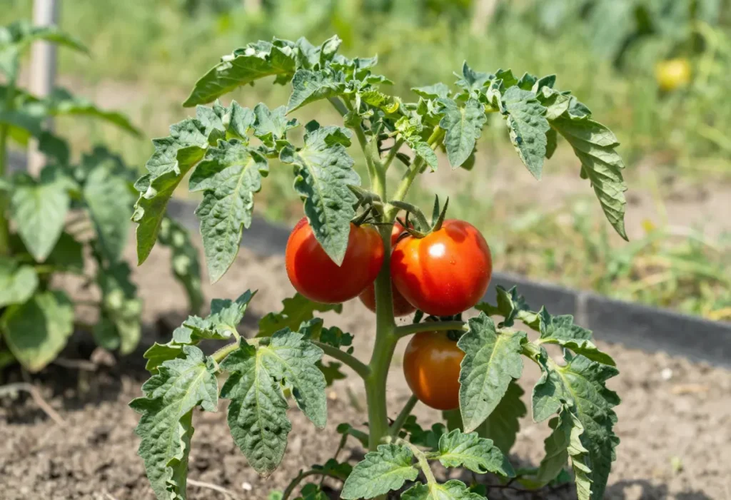 Tomato Plant Leaves Curling – close-up of tomato leaves showing curling and stress signs