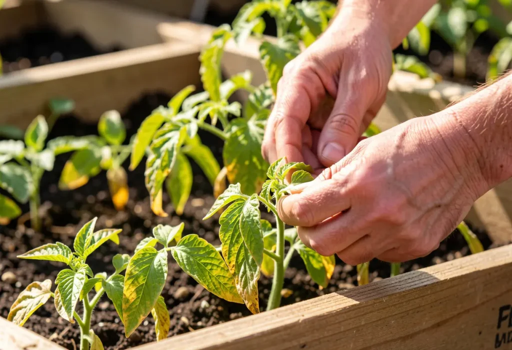 Tomato Plant Leaves Curling – gardener inspecting tomato plant with curled leaves