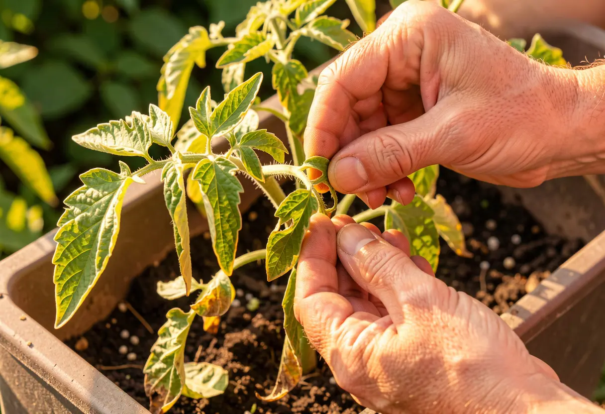 Tomato Plant Leaves Curling – hands examining tomato leaves for pests and disease