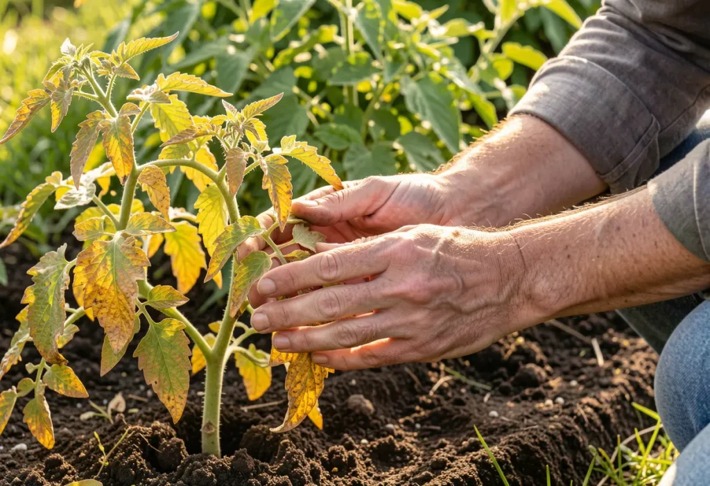 Treatment for Yellow Tomato Leaves: Tomato plant recovering after foliar spray to correct deficiencies.