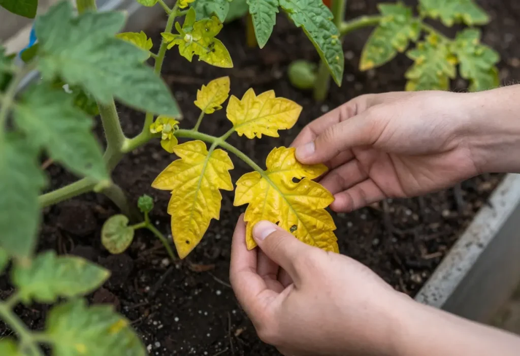 Treatment for Yellow Tomato Leaves: Healthy tomato leaves emerging after pest and disease control measures.