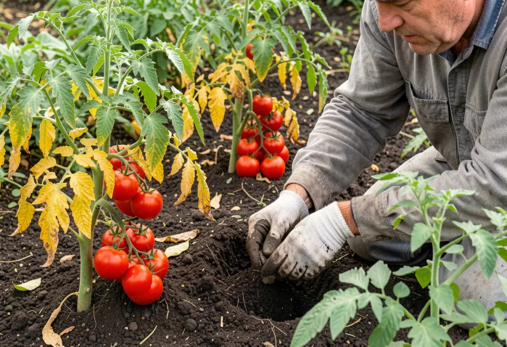 Close-up showing Treatment for Yellow Tomato Leaves using proper watering and nutrient management.