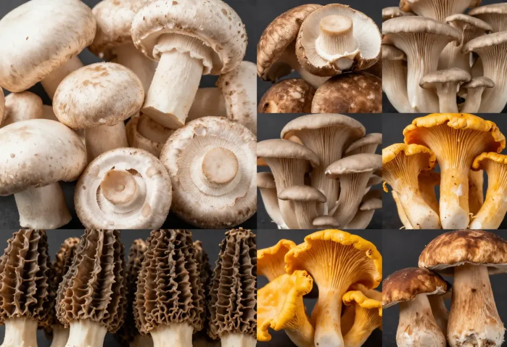 Types of Garden Mushrooms – close-up of different mushroom varieties cultivated at home