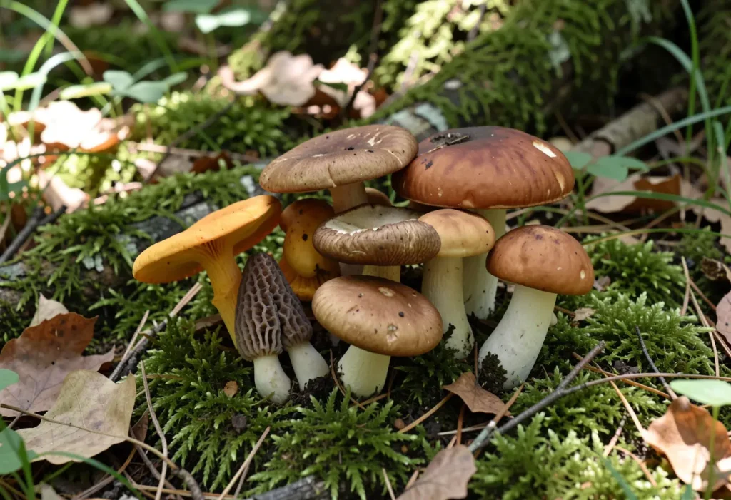 Types of Garden Mushrooms – assortment of edible mushrooms growing in garden beds