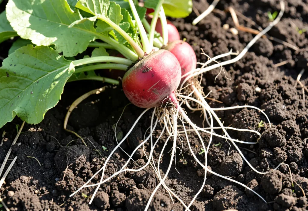 When are Radishes in Season: Freshly harvested radishes in a garden during peak season.