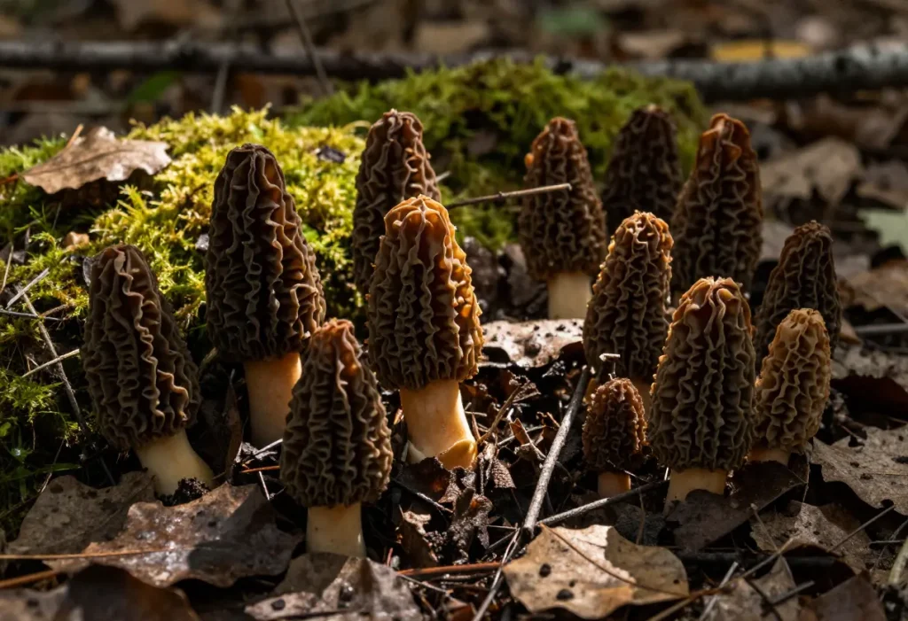When is Morel Mushroom Season – freshly foraged morel mushrooms on forest floor