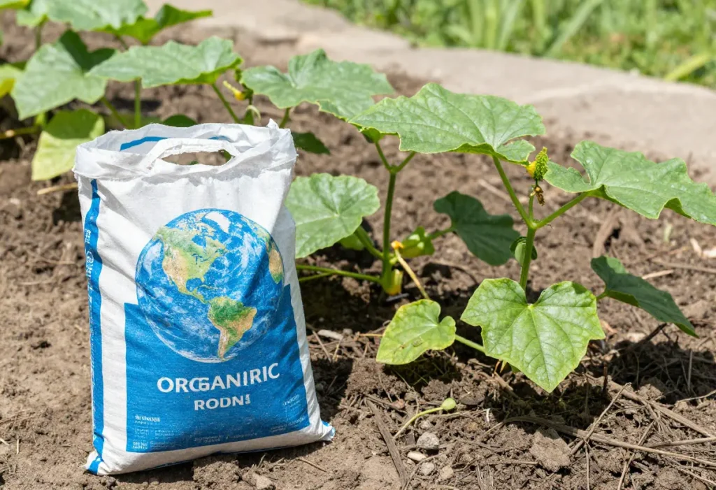When to Fertilize Cucumber Plants: Container-grown cucumbers being nourished with liquid fertilizer.