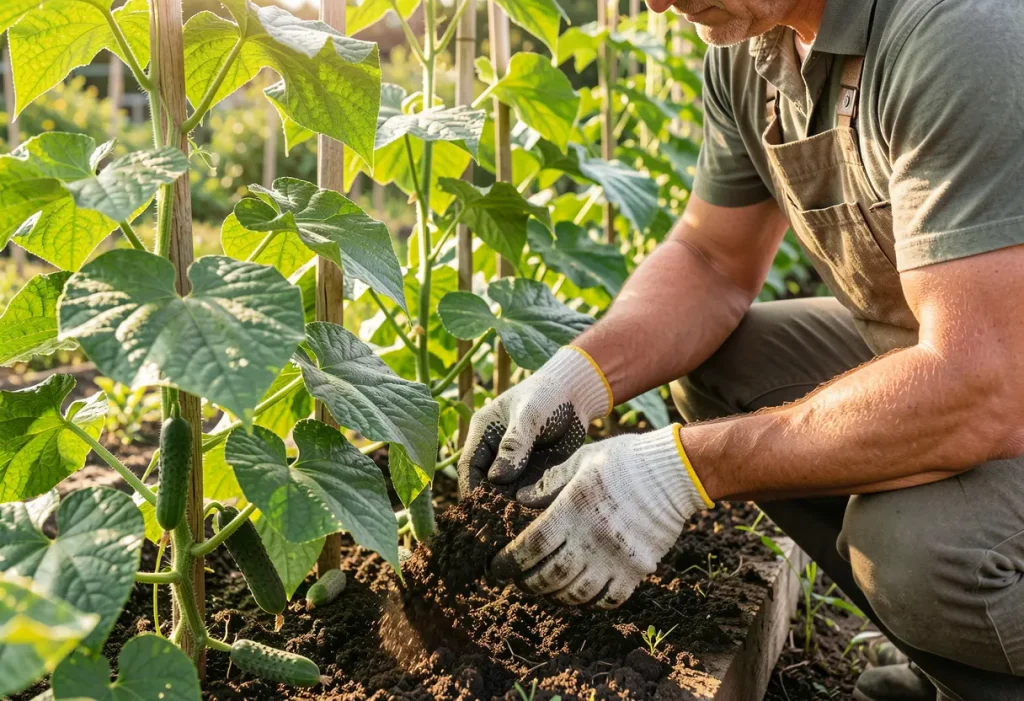 When to Fertilize Cucumber Plants: Applying balanced fertilizer to young cucumber seedlings in a garden bed.