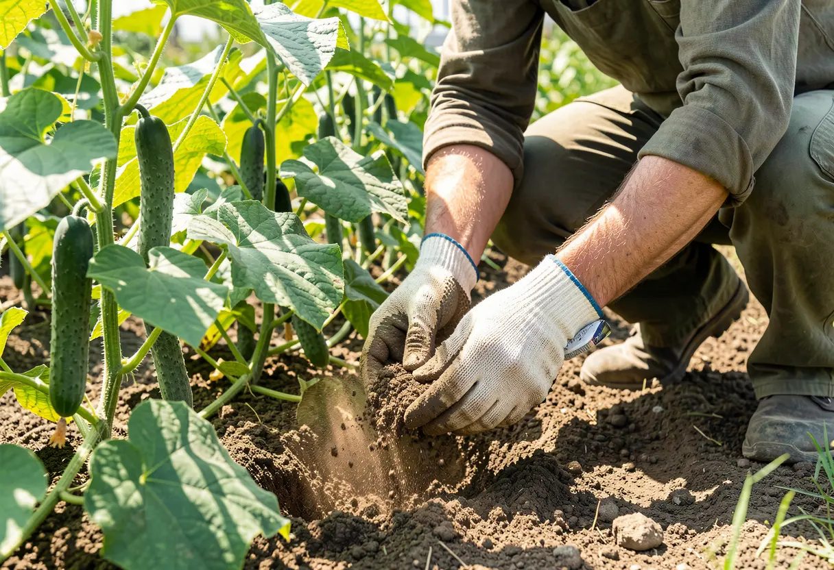When to Fertilize Cucumber Plants: Close-up of hands spreading organic fertilizer around cucumber vines.