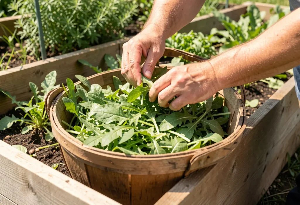 When to Harvest Arugula – close-up of mature arugula leaves ready for harvest