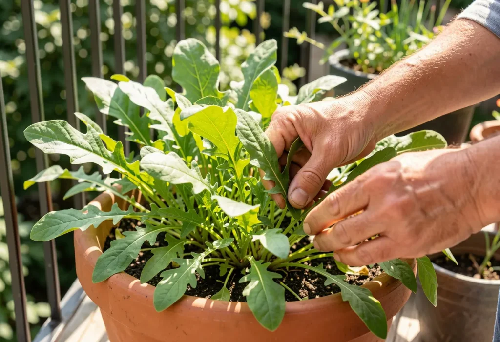 When to Harvest Arugula – hands harvesting fresh arugula in raised container garden