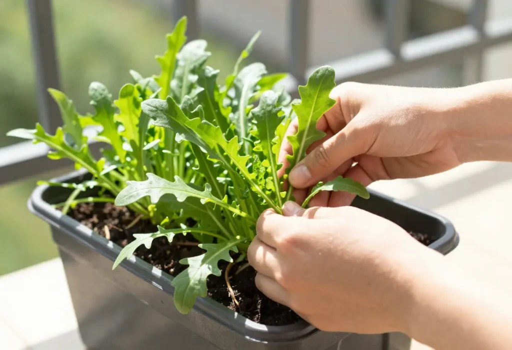 When to Harvest Arugula – healthy arugula plants with leaves at ideal size for picking