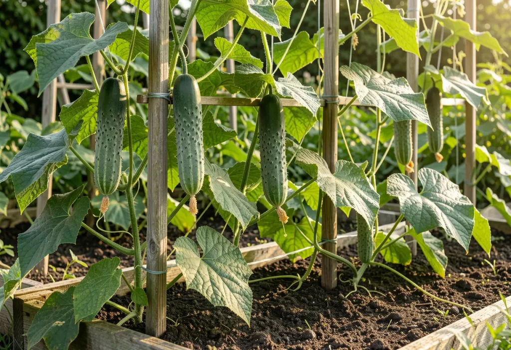 When to Harvest Cucumbers Prickly: Close-up of prickly cucumbers on the vine ready for picking.