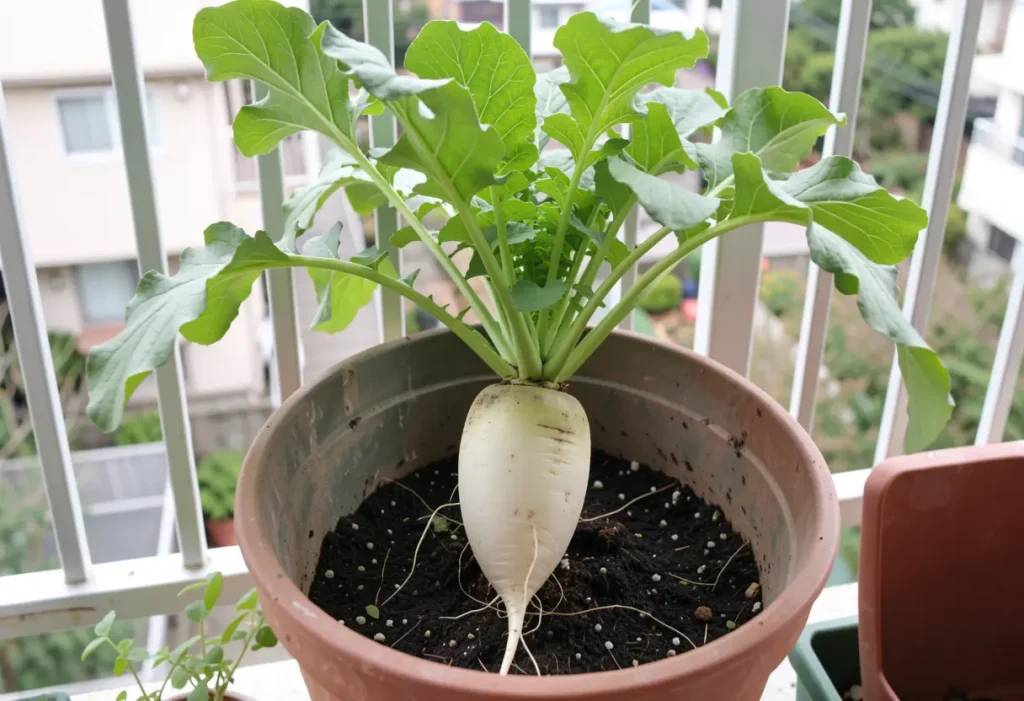 When to Harvest Daikon Radish – healthy daikon radish ready to be harvested in vegetable garden