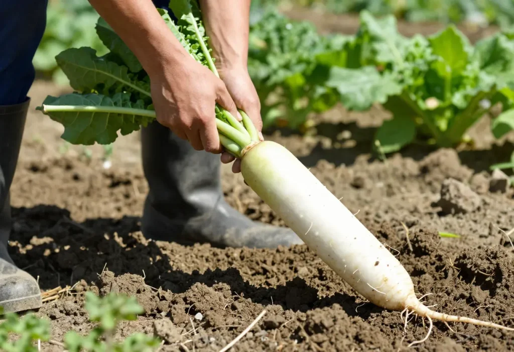 When to Harvest Daikon Radish – hands lifting daikon radish with green tops from garden bed