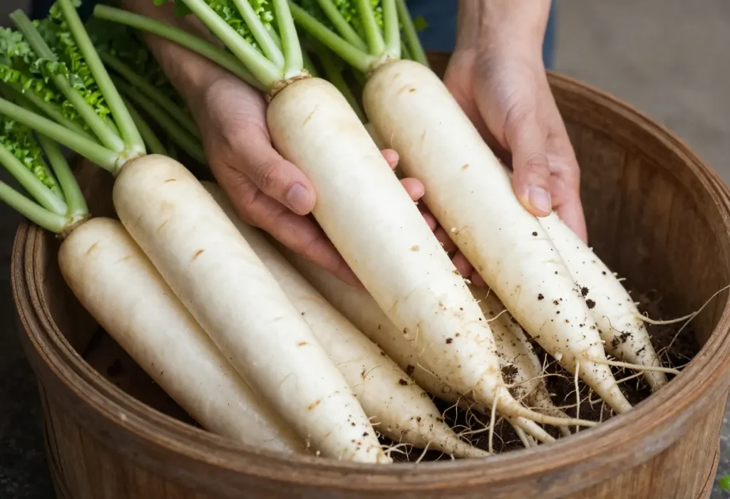 When to Harvest Daikon Radish – gardener pulling mature daikon radish from garden soil