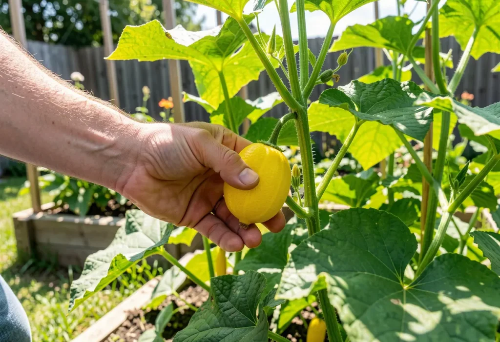 When to Harvest Lemon Cucumbers – gardener picking ripe lemon-shaped cucumbers from vine