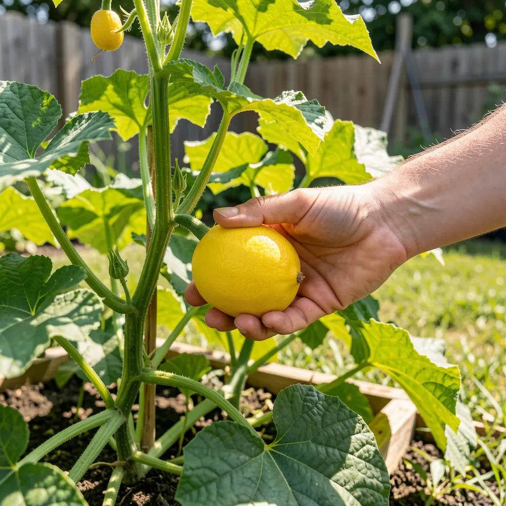 When to Harvest Lemon Cucumbers – hands lifting mature lemon cucumbers from garden bed