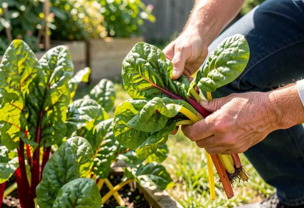 When to Harvest Swiss Chard – gardener picking outer leaves from mature Swiss chard plant