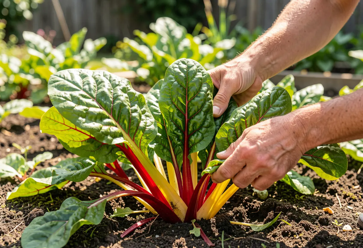 When to Harvest Swiss Chard – hands cutting Swiss chard stems in raised garden bed