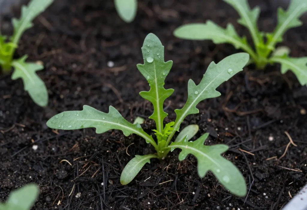 When to Plant Arugula – close-up of young arugula seedlings emerging from soil
