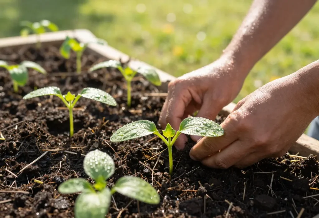 When to Plant Cucumbers in Florida: Seedlings ready for transplanting in a sunny Florida garden.
