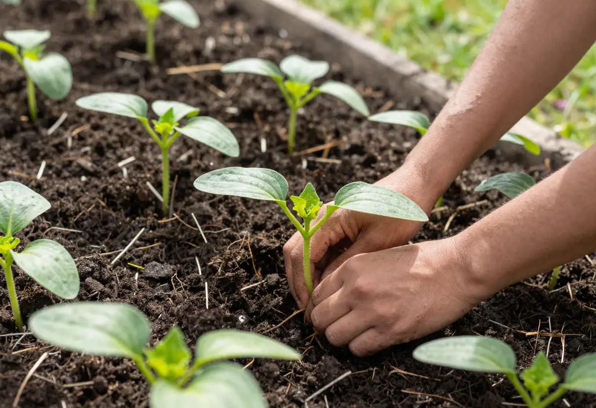 Close-up of cucumber seedlings in soil, illustrating When to Plant Cucumbers in Florida successfully.