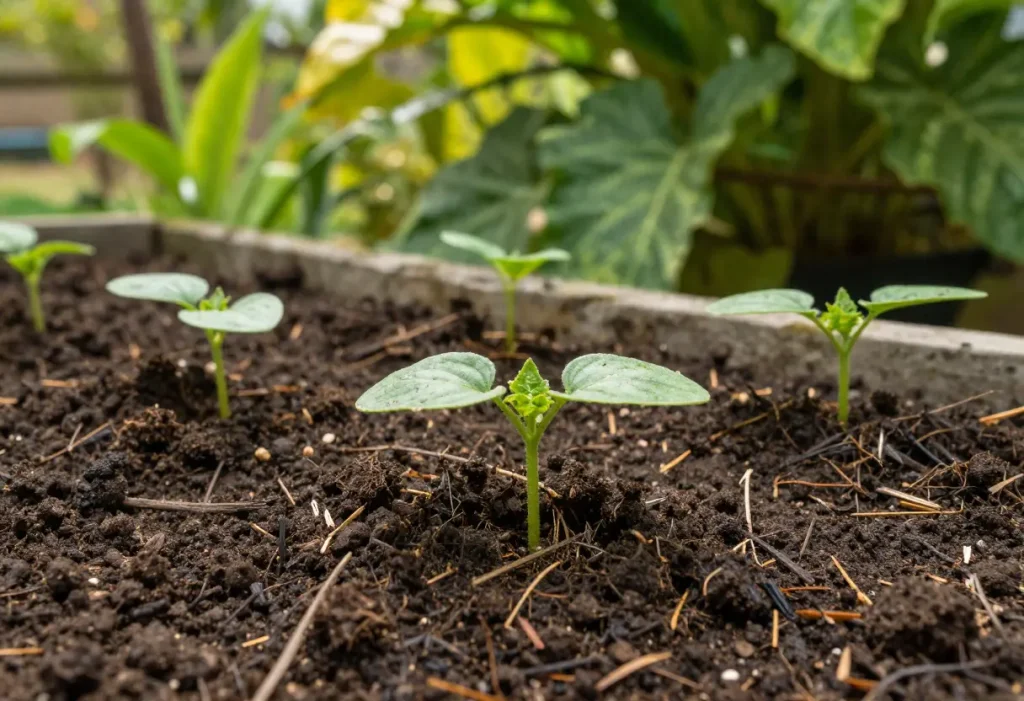 When to Plant Cucumbers in Florida: Young cucumber plants in raised beds for optimal growth.