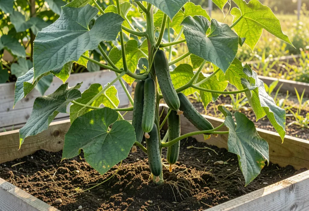 When to Plant Cucumbers in Ohio: Young cucumber plants in raised beds for early summer harvest.