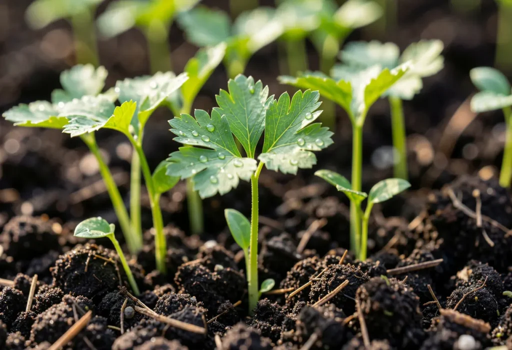 When to Plant Parsley – close-up of young parsley seedlings emerging from soil