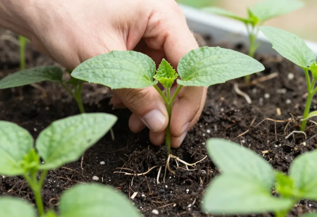 When to Repot Cucumber Seedlings – gardener transplanting young cucumber plants into larger pots