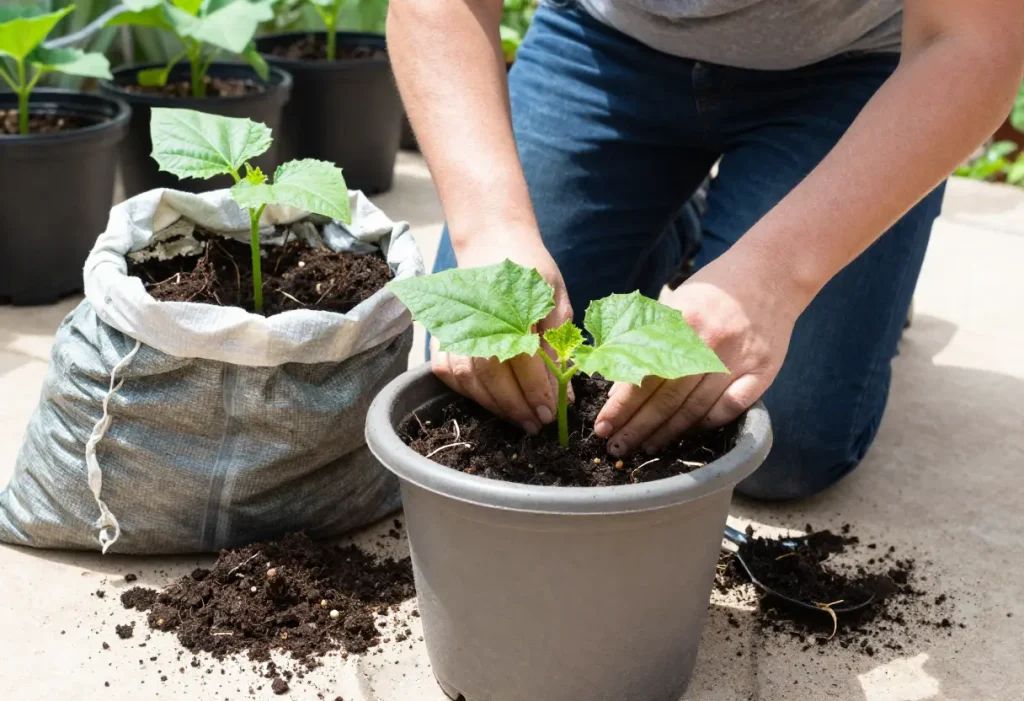 When to Repot Cucumber Seedlings – hands moving cucumber seedlings from tray to container