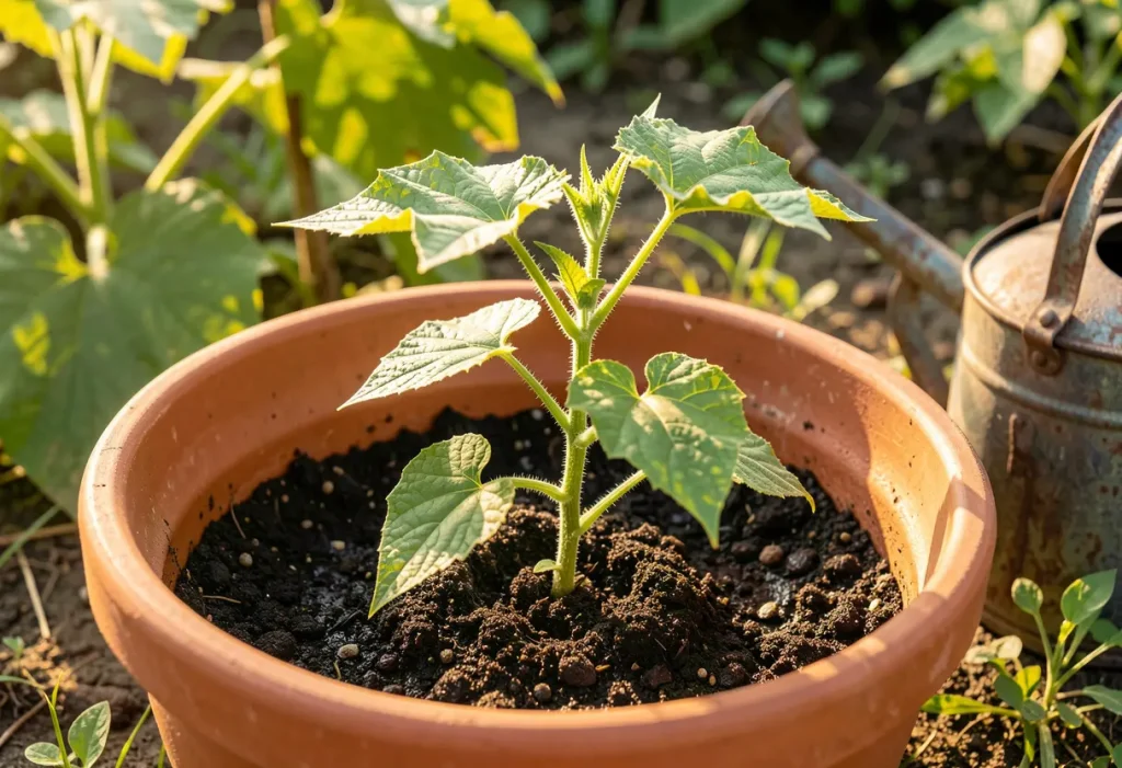 When to Repot Cucumber Seedlings – close-up of cucumber seedlings ready for repotting with true leaves