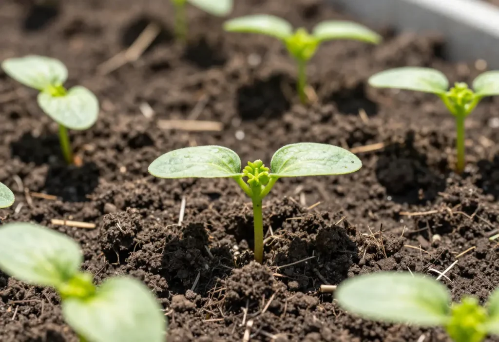 When to Transplant Cucumber Seedlings: Healthy seedlings with 2–3 true leaves ready for garden planting.