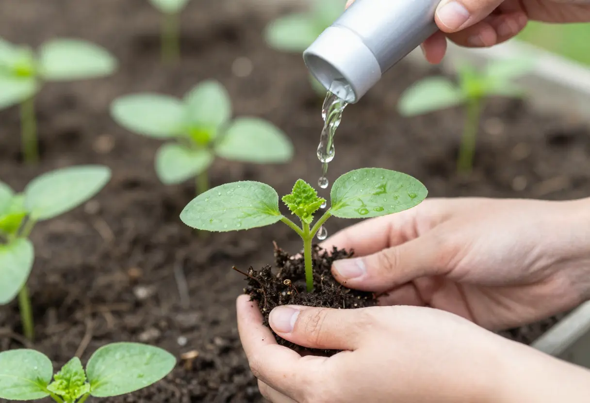 Hands transplanting cucumber seedlings, illustrating When to Transplant Cucumber Seedlings for best results.