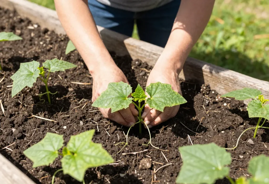 Guide image showing When to Transplant Cucumber Seedlings based on plant size and outdoor temperature.