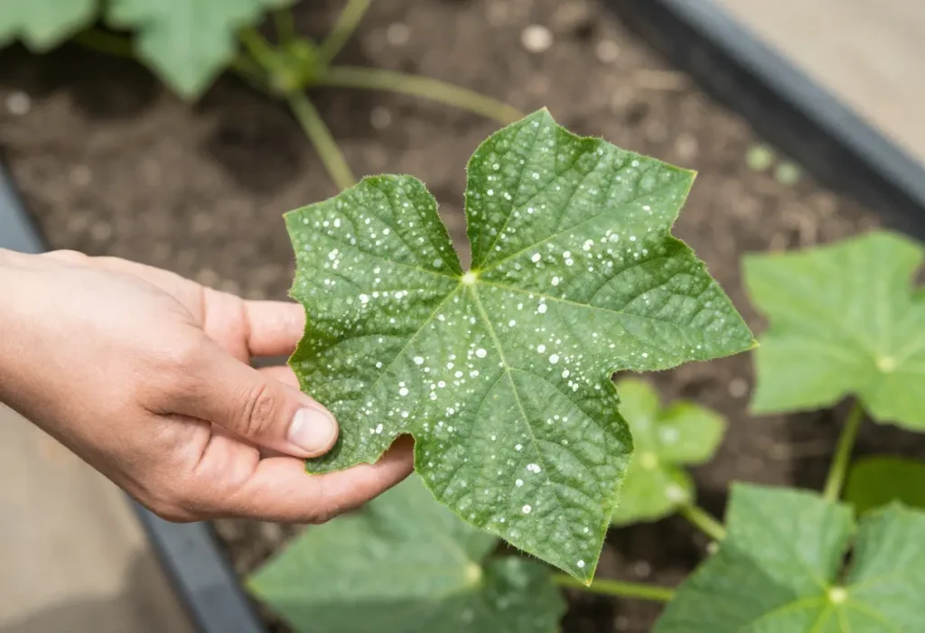 White Spots on Cucumber Leaves – comparison of healthy and spotted cucumber leaves in garden