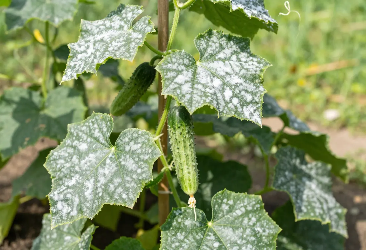 White Spots on Cucumber Leaves – infected cucumber plant showing early signs of leaf disease