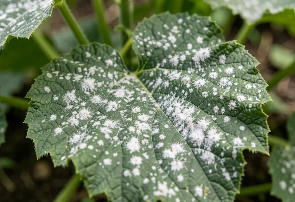 White Spots on Cucumber Leaves – gardener inspecting cucumber leaves with white fungal spots