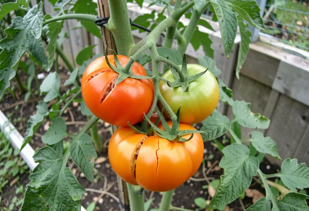 Why are My Tomatoes Splitting: Cluster of tomatoes with cracked bottoms due to inconsistent moisture.