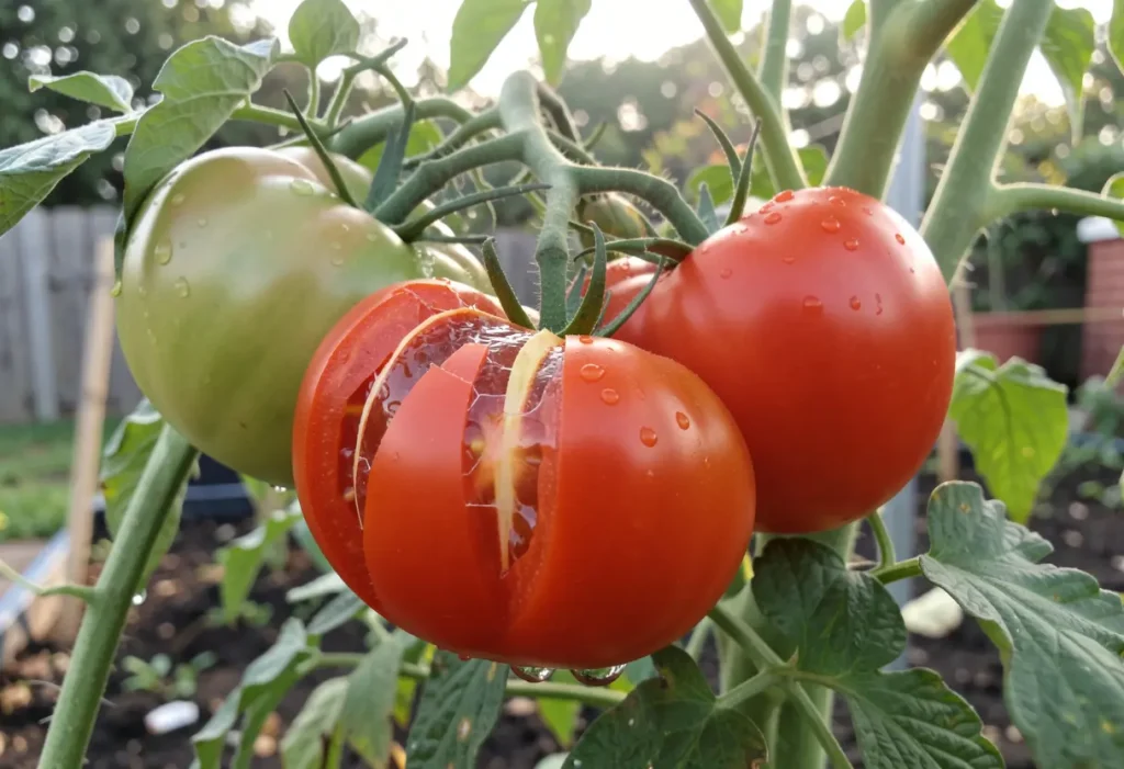 Why are My Tomatoes Splitting: Ripe tomato showing radial splits from rapid growth or rain after dry soil.