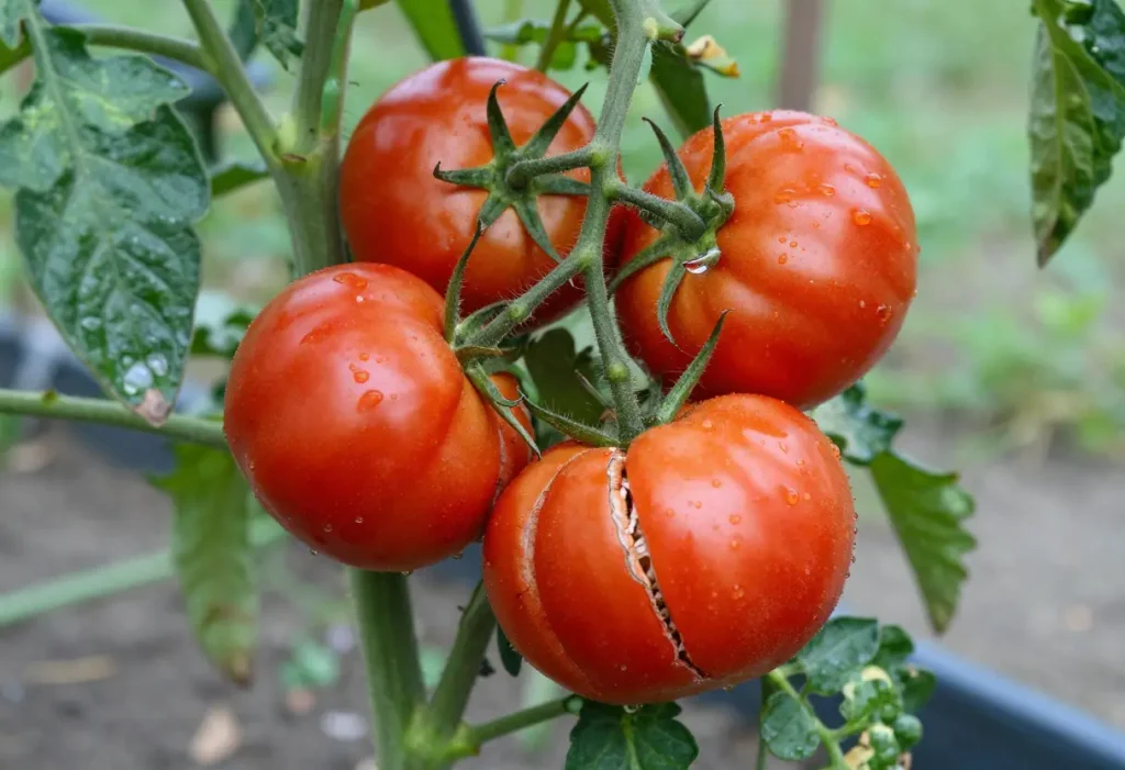 Why are My Tomatoes Splitting: Close-up of tomato with cracks on the skin caused by uneven watering.