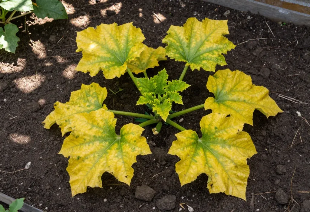 Zucchini Leaves Turning Yellow: Lower leaves fading due to lack of nitrogen or sunlight.