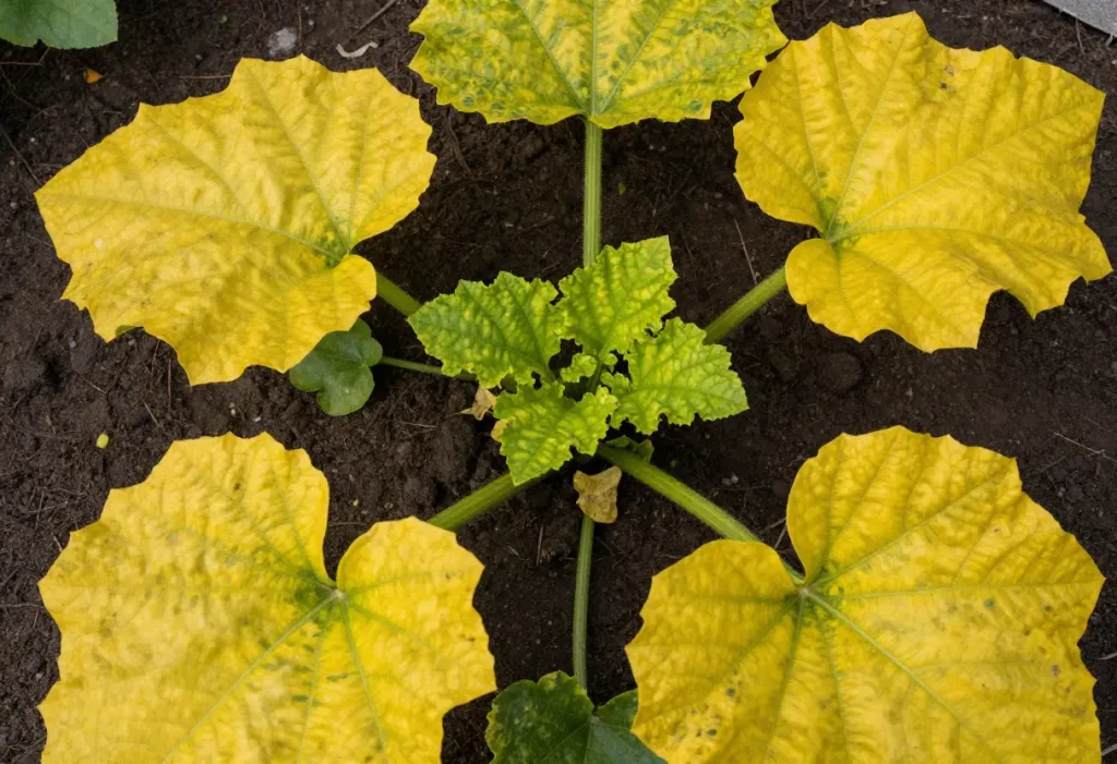 Zucchini Leaves Turning Yellow: Stressed plant showing discoloration and slow growth.