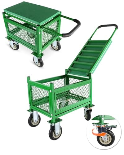 Ryansunoro Garden cart with seat and Wheels - Lockable 360 Swivel Wheels & Heavy‑Duty – Foam Handle Grip, Large Mesh Storage Basket – Comfortable Garden Rolling Seat for Seniors, Patio, Lawn & Yard